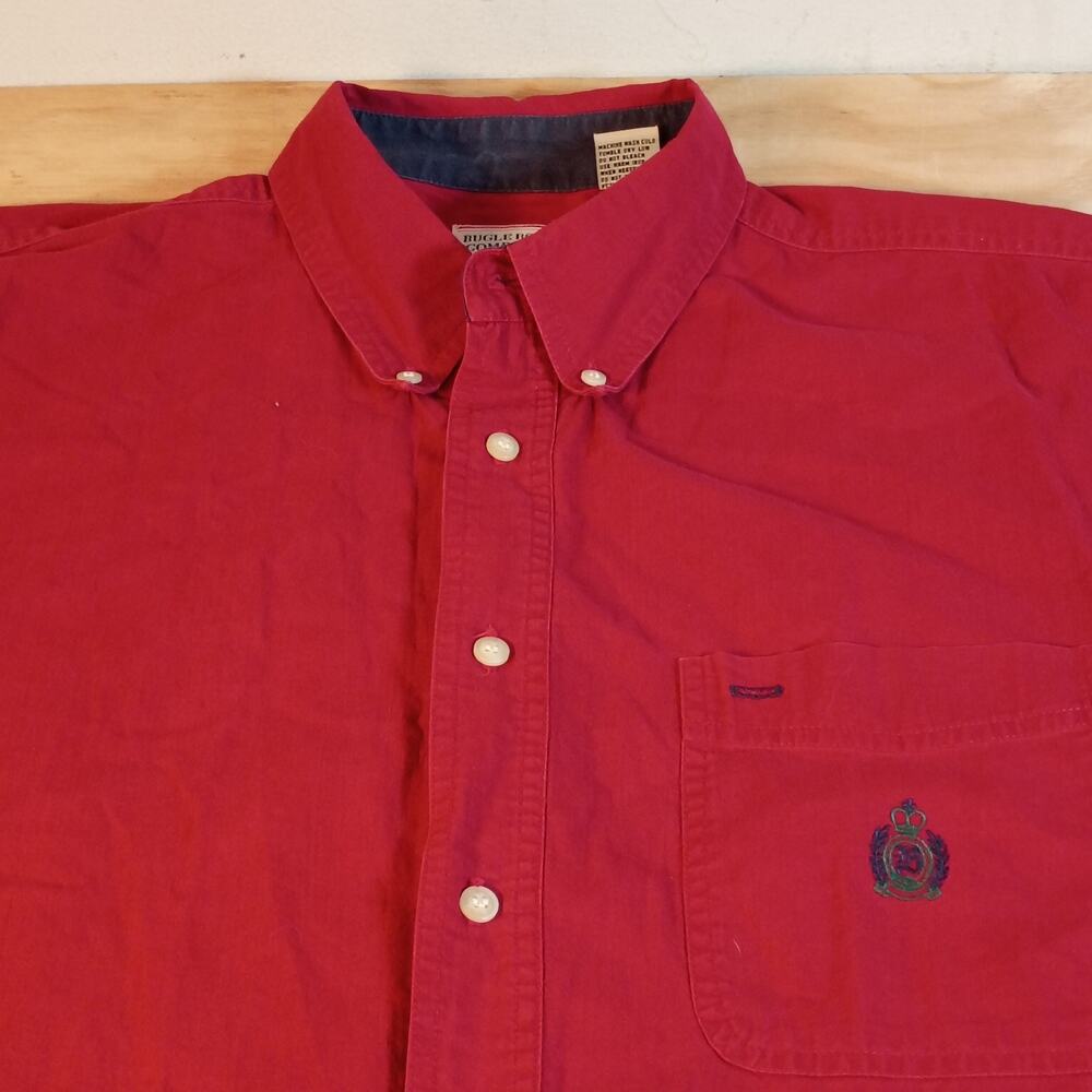 Vintage Bugle Boy Mens XL Shirt Red Short Sleeve Button Down 100% Cotton Crest